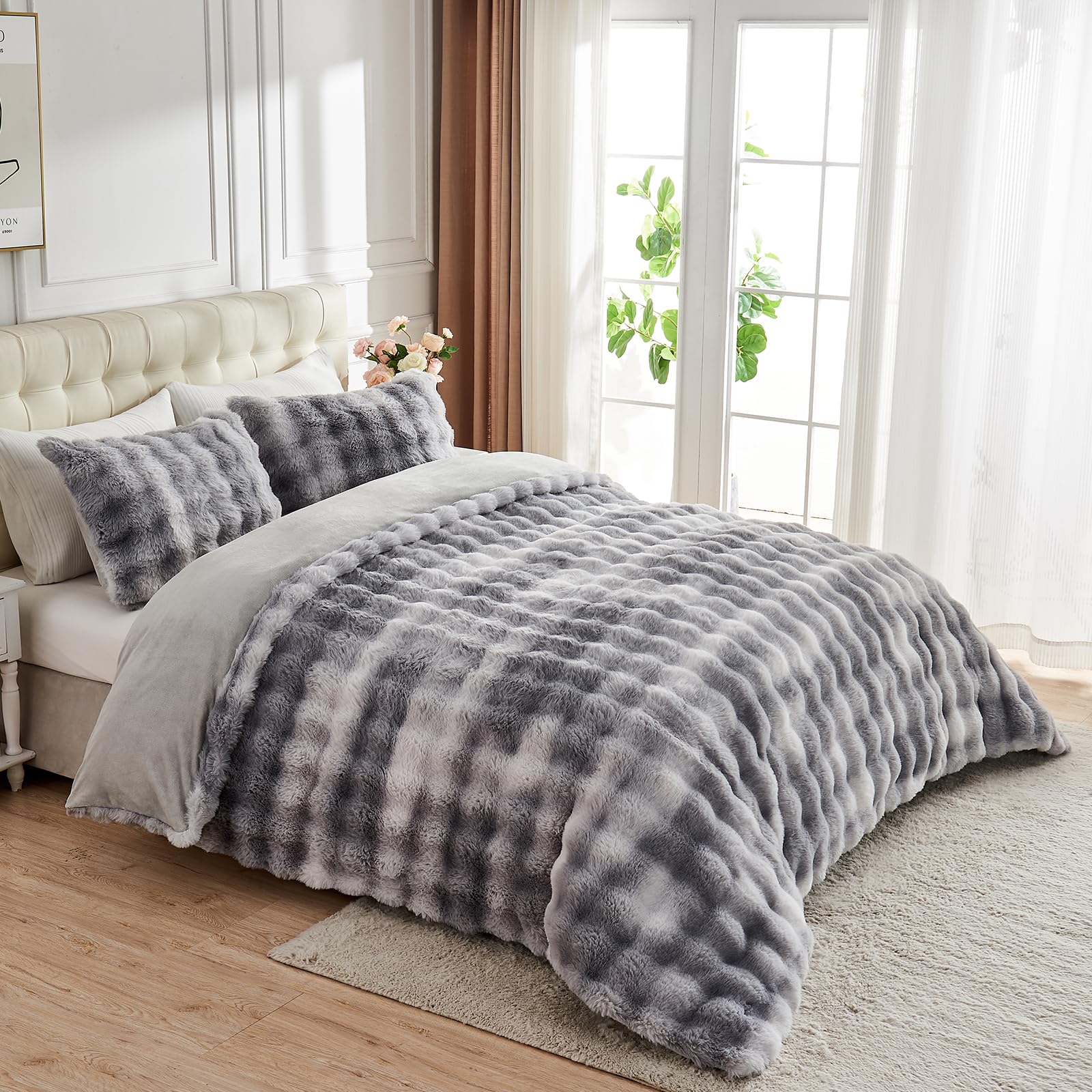 Fluffy Comforter Cover Set-Rabbit Fluff Faux Fur Duvet Cover Queen Size