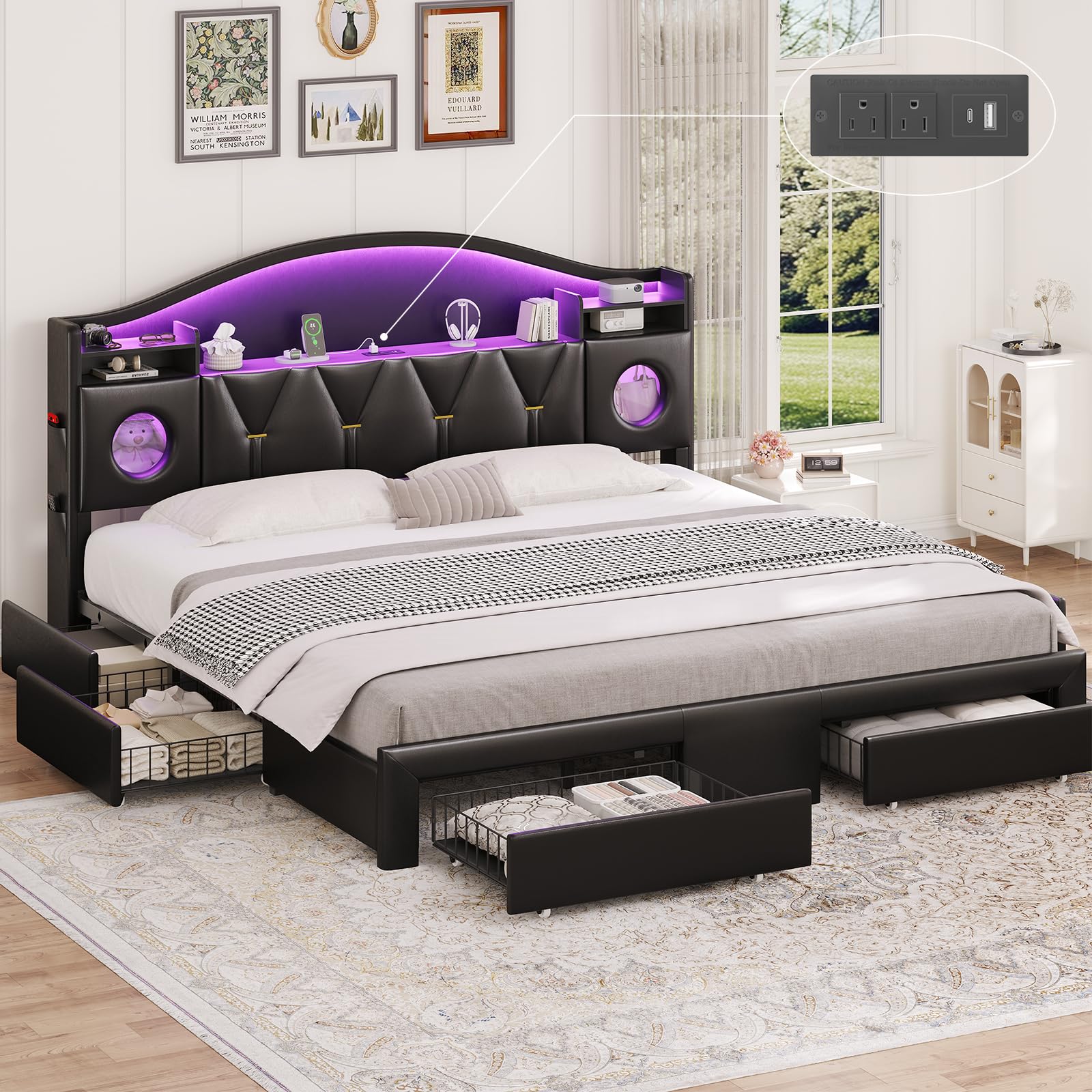 King Size Bed Frame with 6 Storage Drawers and LED Headboard