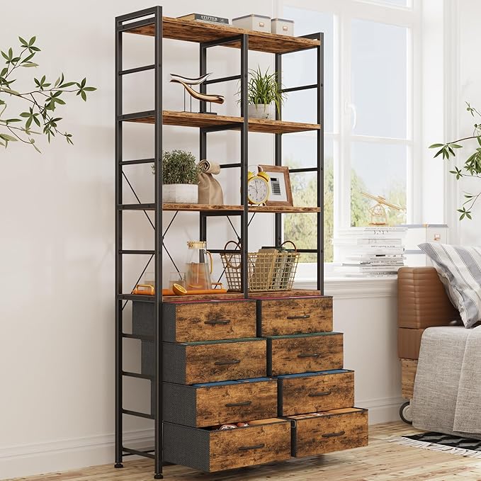 Bookshelf with 4 Fabric Drawers, 6-Tier Tall Narrow Bookshelf with Storage