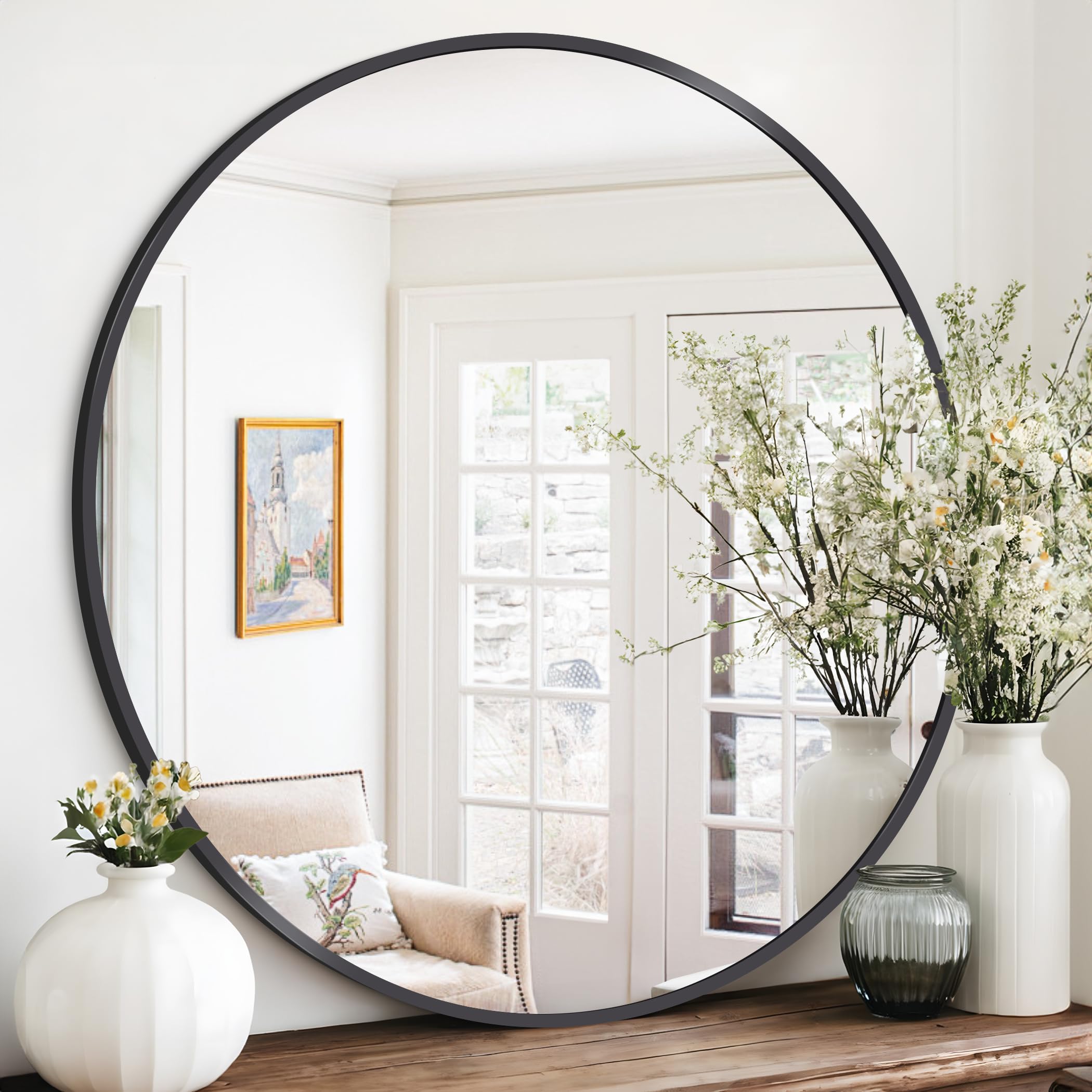 42" Large Round Mirror, Black Circle Mirror for Wall, Metal Framed Round Mirror