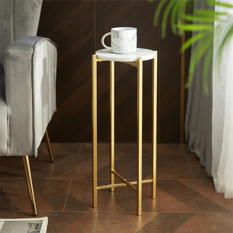 White Marble Collapsible Side Accent Drink Table with Gold Metal Legs, ‎8.5 in x 8.5 in x 22.5 in