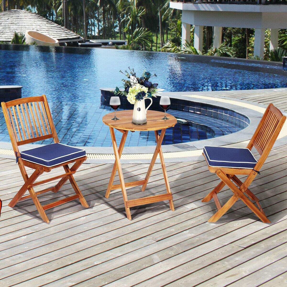 3 PCS Patio Folding Bistro Set, Outdoor Acacia Wood Chair