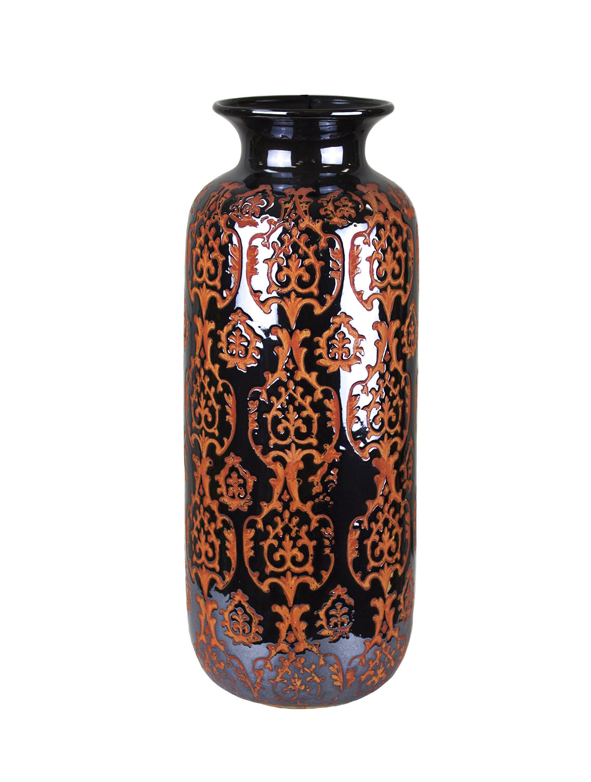 Decorative Ceramic Vase, 5.75" x 5.75" x 14.5", Gun Metal/Orange