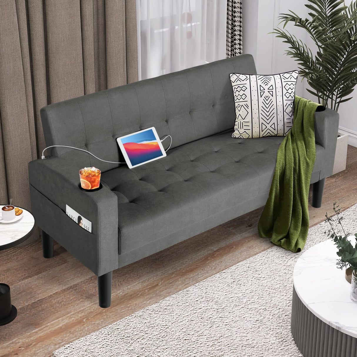 62" Loveseat Couches Upholstered Fabric Linen Love Seat Sofas Couch with 2 USB