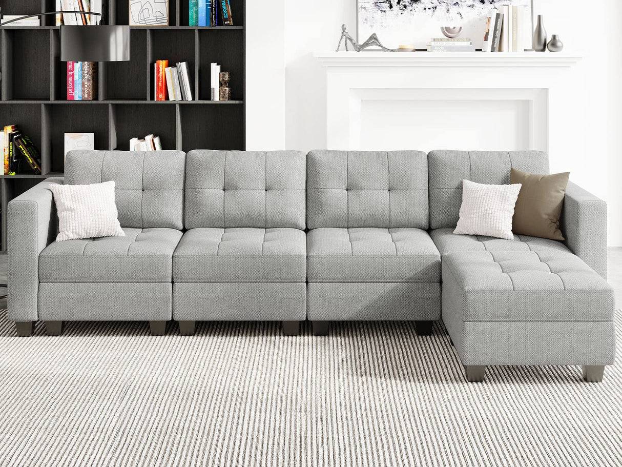 Light Grey L Shape 5-Seat Modular Sectional Sofa with Storage, Reversible Chaise