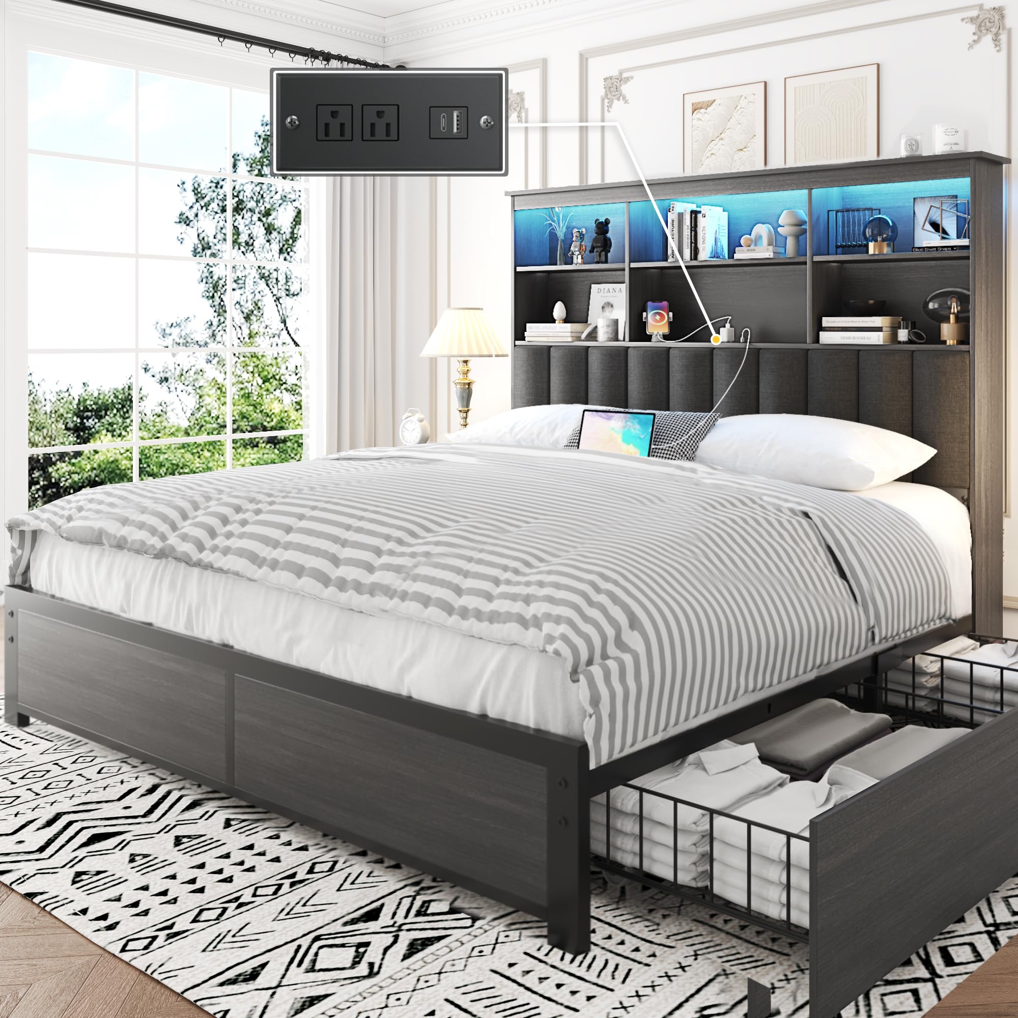 Lifezone Queen Bed Frame with Headboard, Queen Bed Frame with High Storage Bookcase Headboard,4 Storage Drawers & Charging Station & LED,No Box Spring Needed/Noise Free/All-Metal Support,Rustic Grey