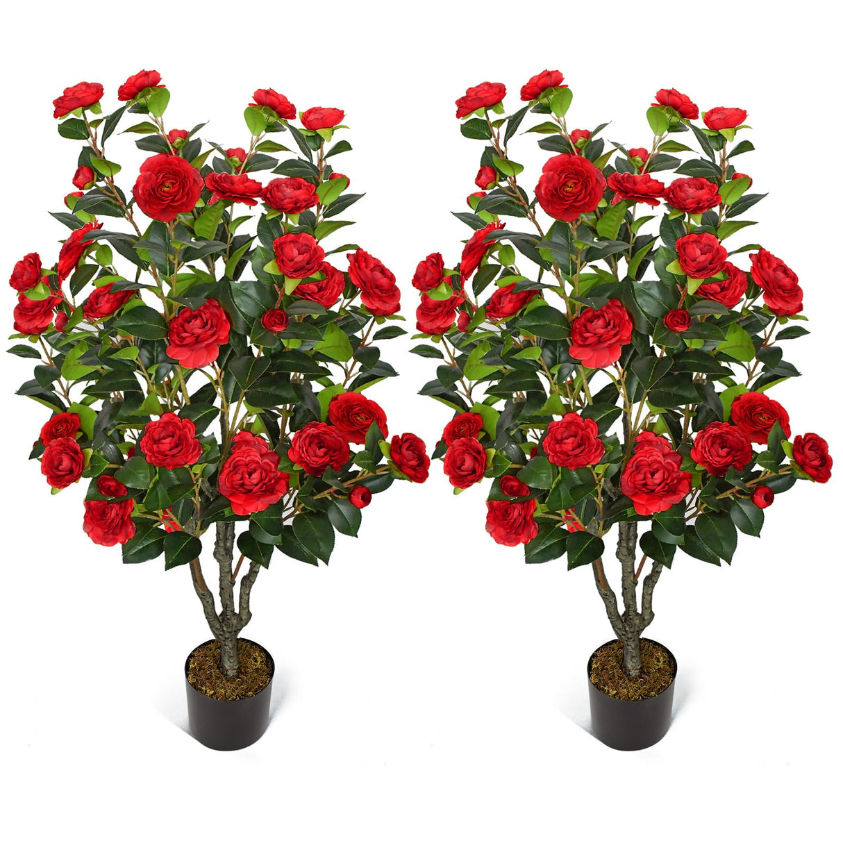 2 Pack Artificial Camellia Trees 42in/3.5ft Flowers Trees with 36 Rose Red Flowers Fake