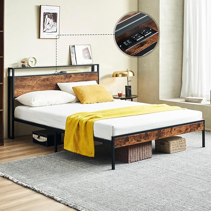 King Size Bed Frame with Charging Station, Platform Bed Frame with Storage Headboard,