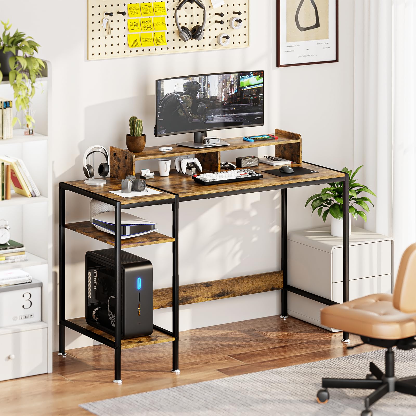Gaming Home Office Computer Desk with Monitor Stand, Writing Desk for 2 Monitors