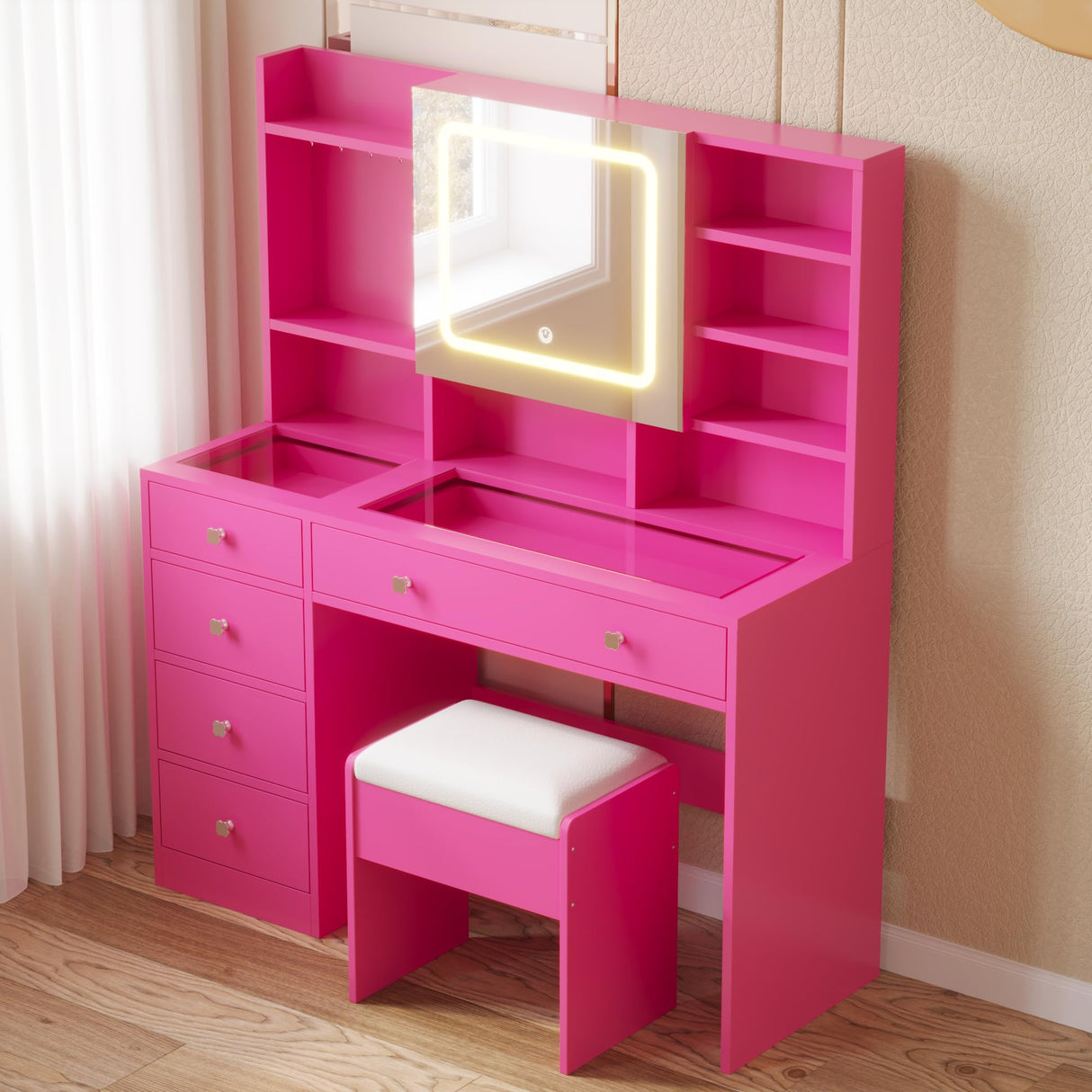 Vanity with Lighted Mirror Bedroom Vanity Desk with Charging Station Large Vanity Set with Transparent Desk, Drawers, Cabinet, Shelves for Storage in Bedroom, Pink