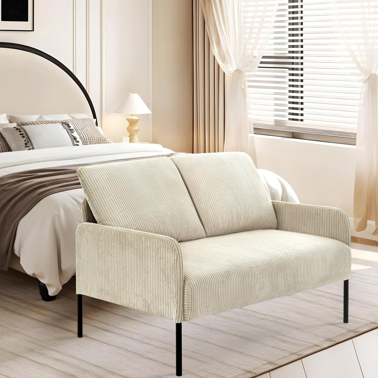 44" W Beige Loveseat Sofa Chair, 2-Seater Modern Corduroy Couch with Pillows