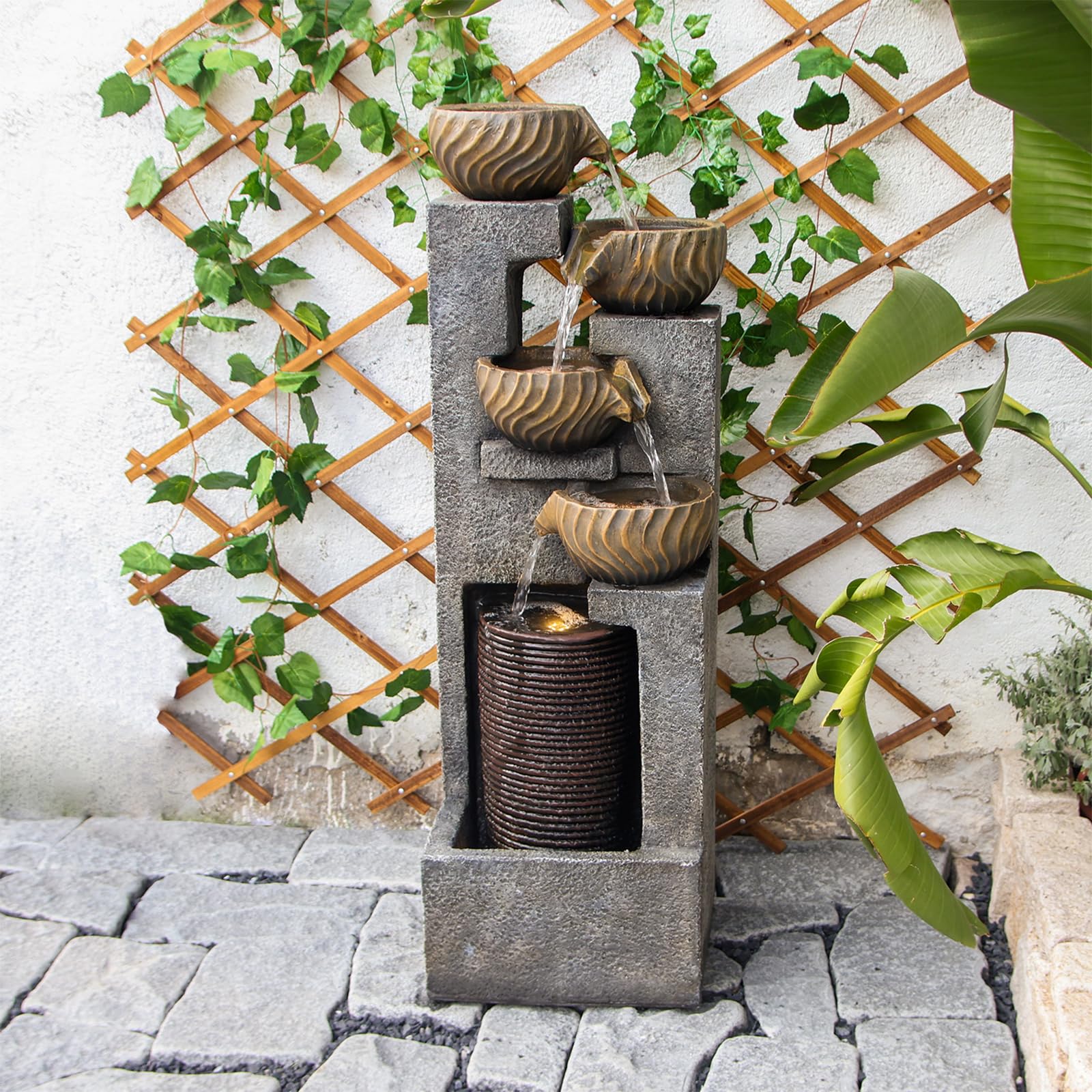 44.09''H Outdoor Garden Water Fountain with LED Lights Bowl Cascading Floor Standing Waterfall Fountains Indoor 5-Tiered