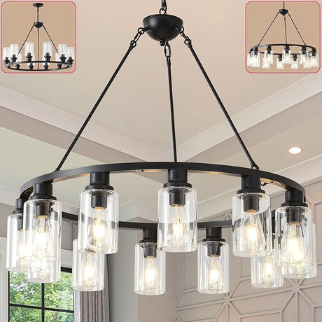 53 Inch Large Black Farmhouse Wagon Wheel Chandelier