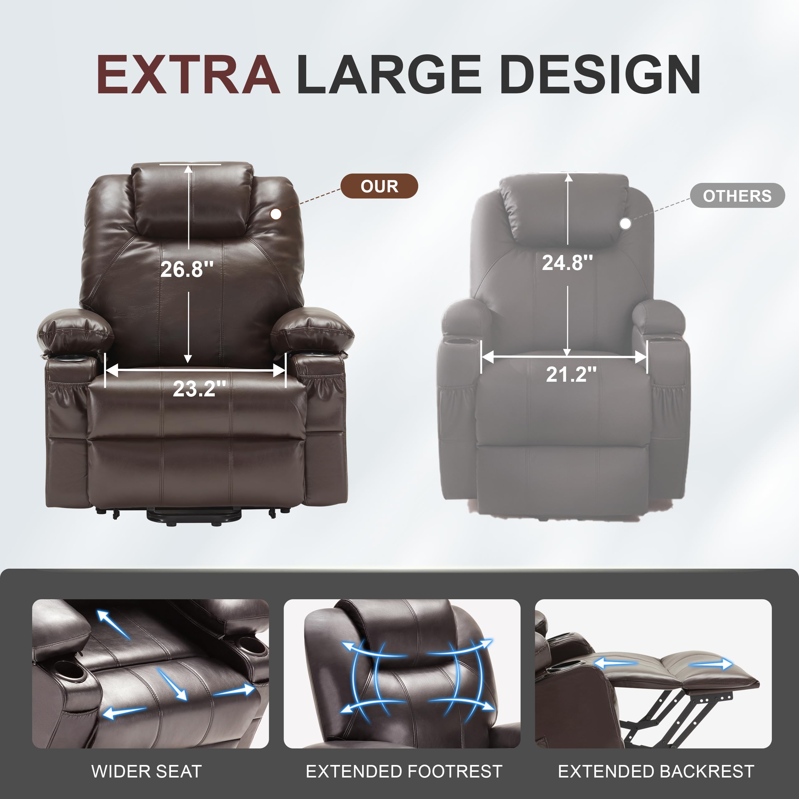 Oversized Power Lift Recliner Chair with Heat and Massage, Leather Power