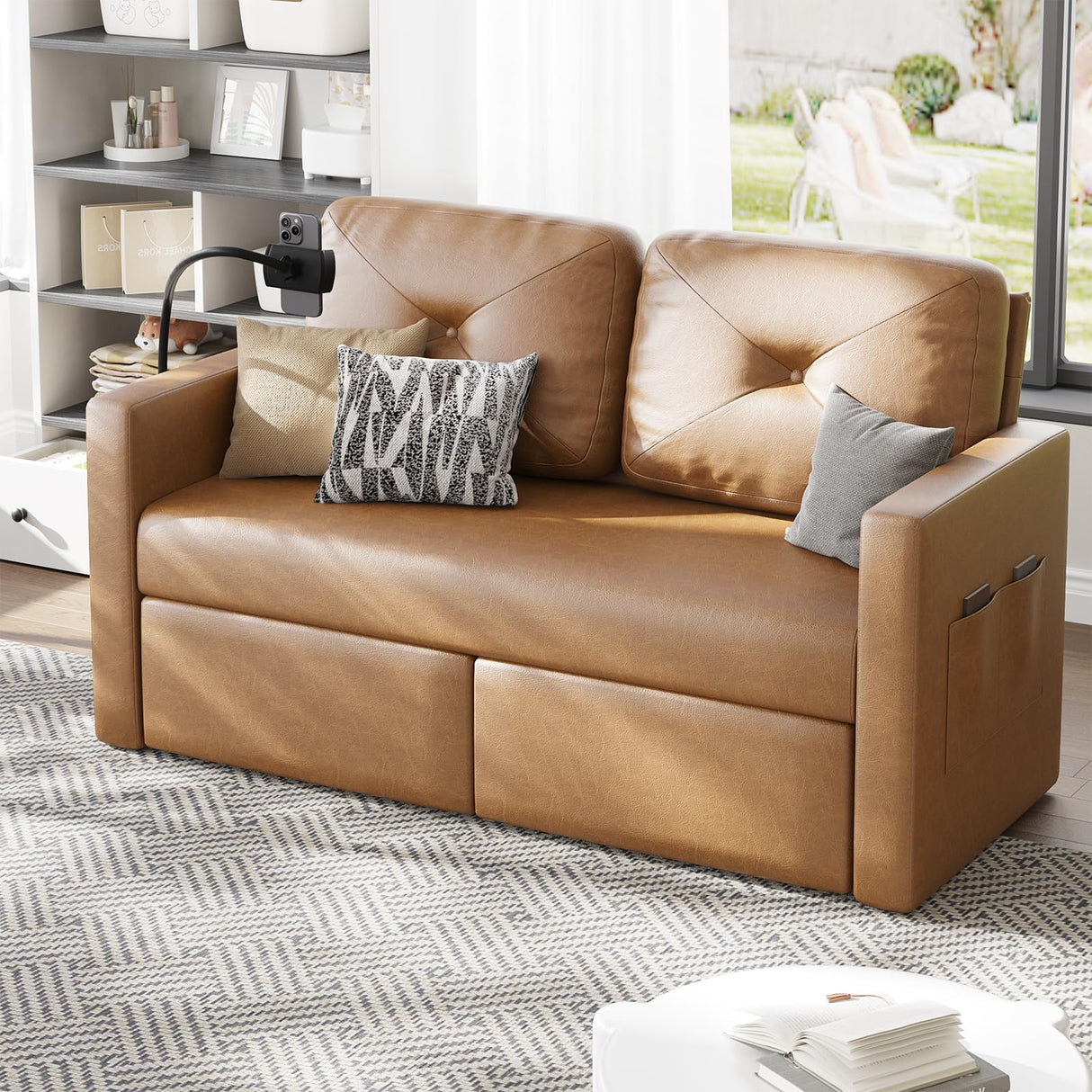 Brown Leather Couch with Storage, Modern Comfy Loveseat Sofa with Charging Ports, Side Pockets, Solid Wooden Frame for Office, Living Room and Bedroom, 2 Seater