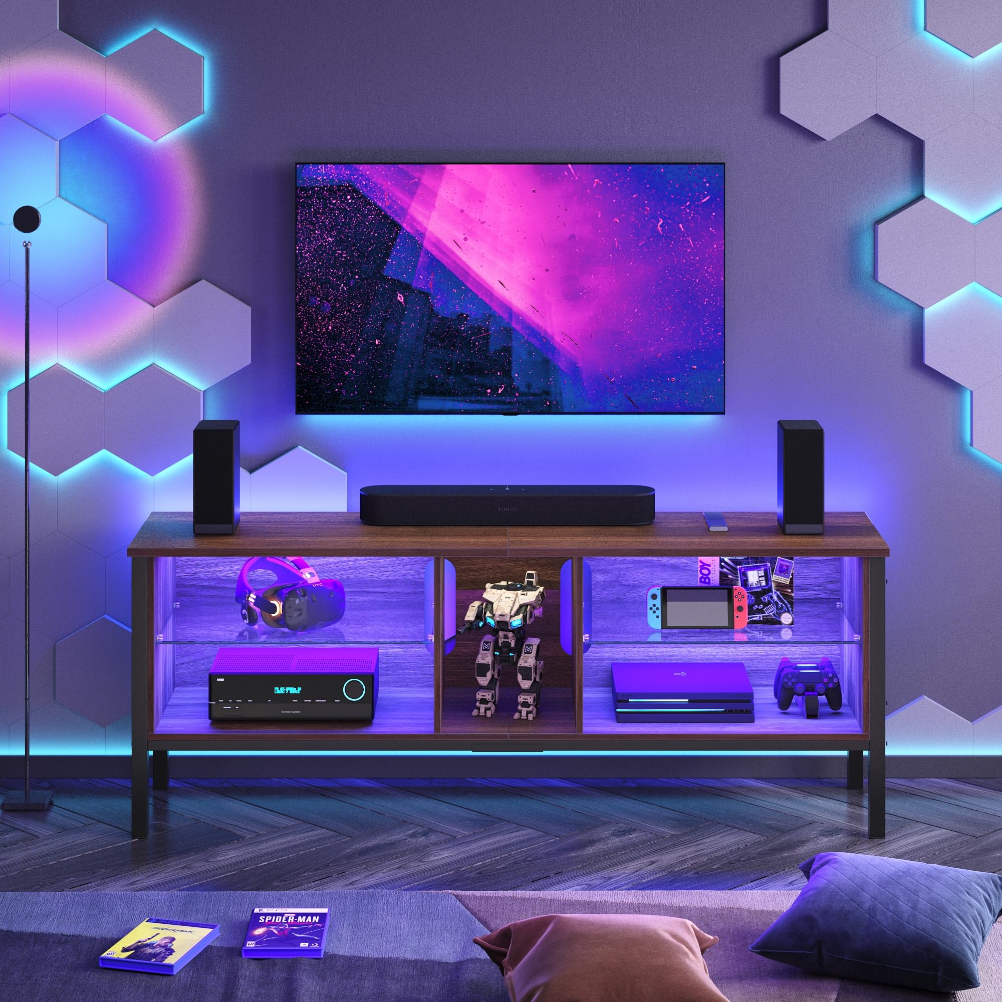 TV Stands for Living Room,ModernTV Console with Glass Shelves & LED Lights