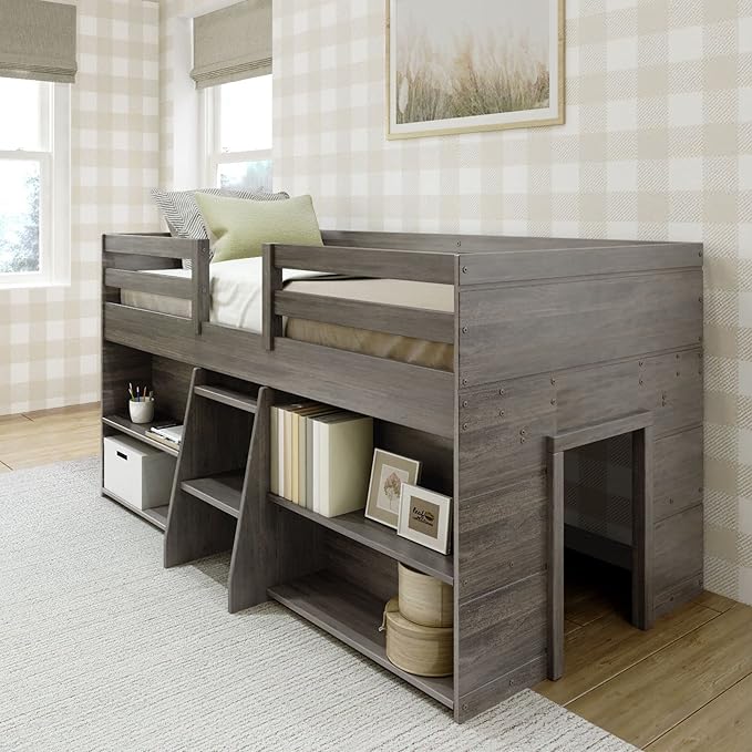 Bed Twin Size, Solid Wood Low Loft Bed with Storage Drawer and Ladder