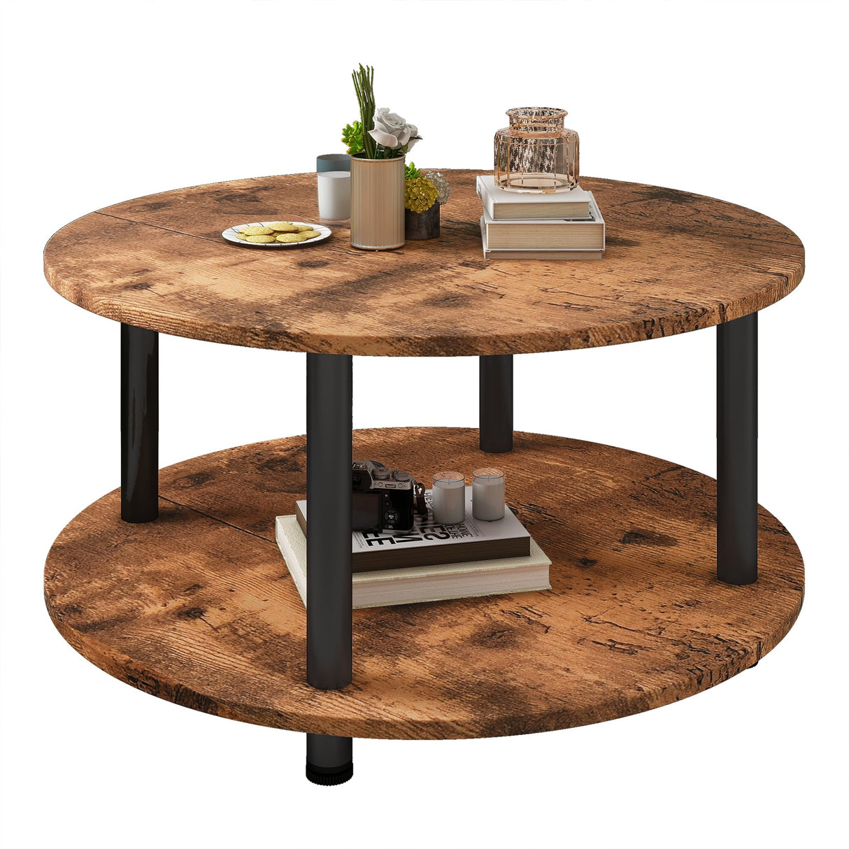 23.6" Round Coffee Table, 2-Tier Small Circle Coffee Table with Storage