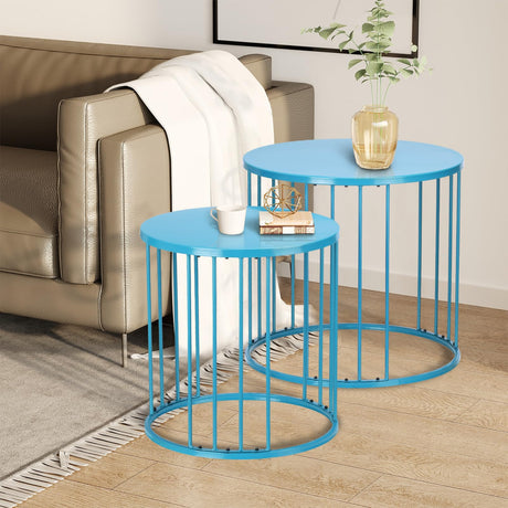 LEWIS&WAYNE Outdoor Side Table Set of 2, Metal Circle Accent End Tables for Balcony Backyard Garden Indoor Living Room, Durable Black Nesting Coffee Tables, 20”+16” Dia - Bircata