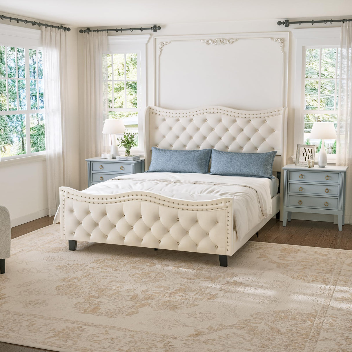 Queen Upholstered Bed with Tufted Wingback Headboard