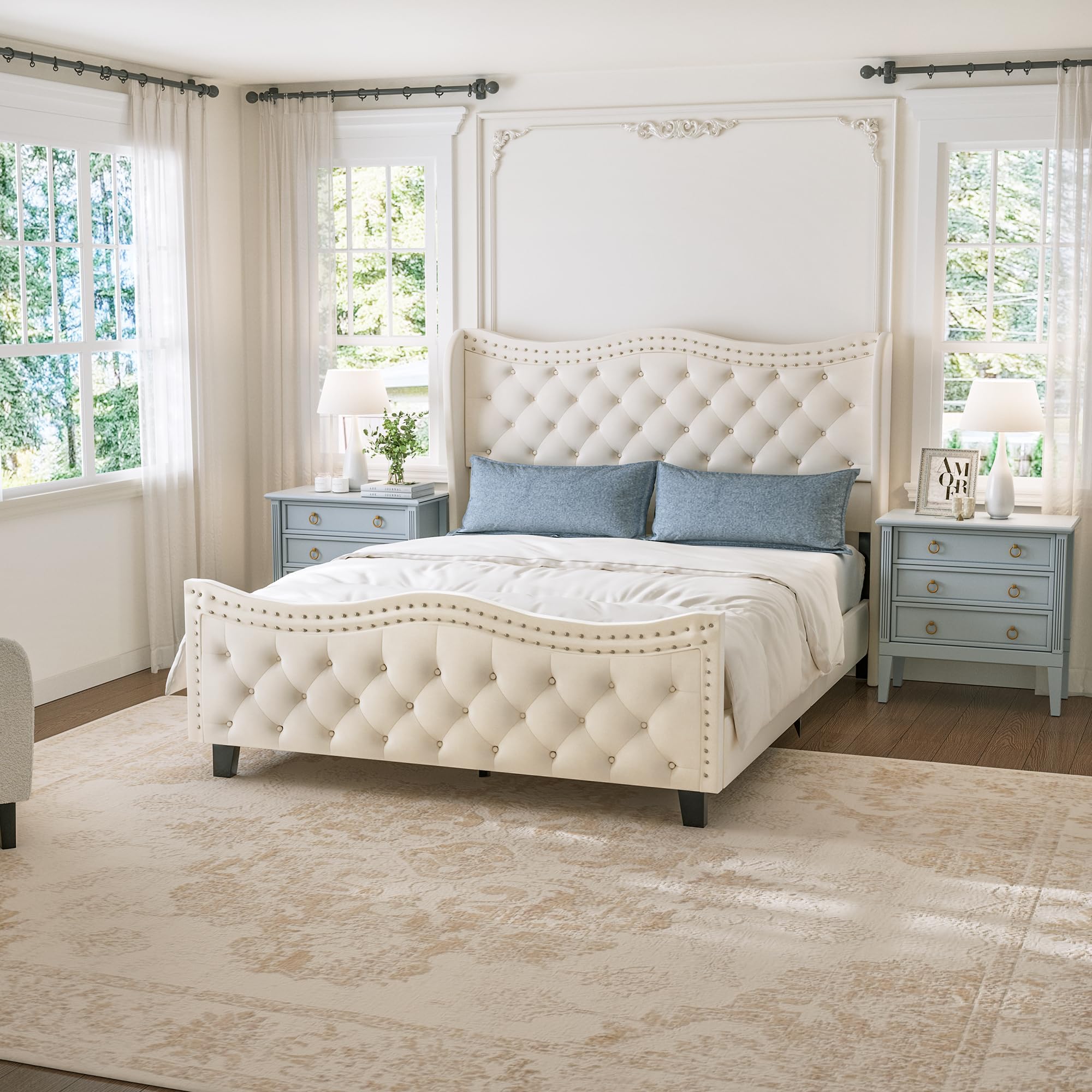 Queen Upholstered Bed with Tufted Wingback Headboard