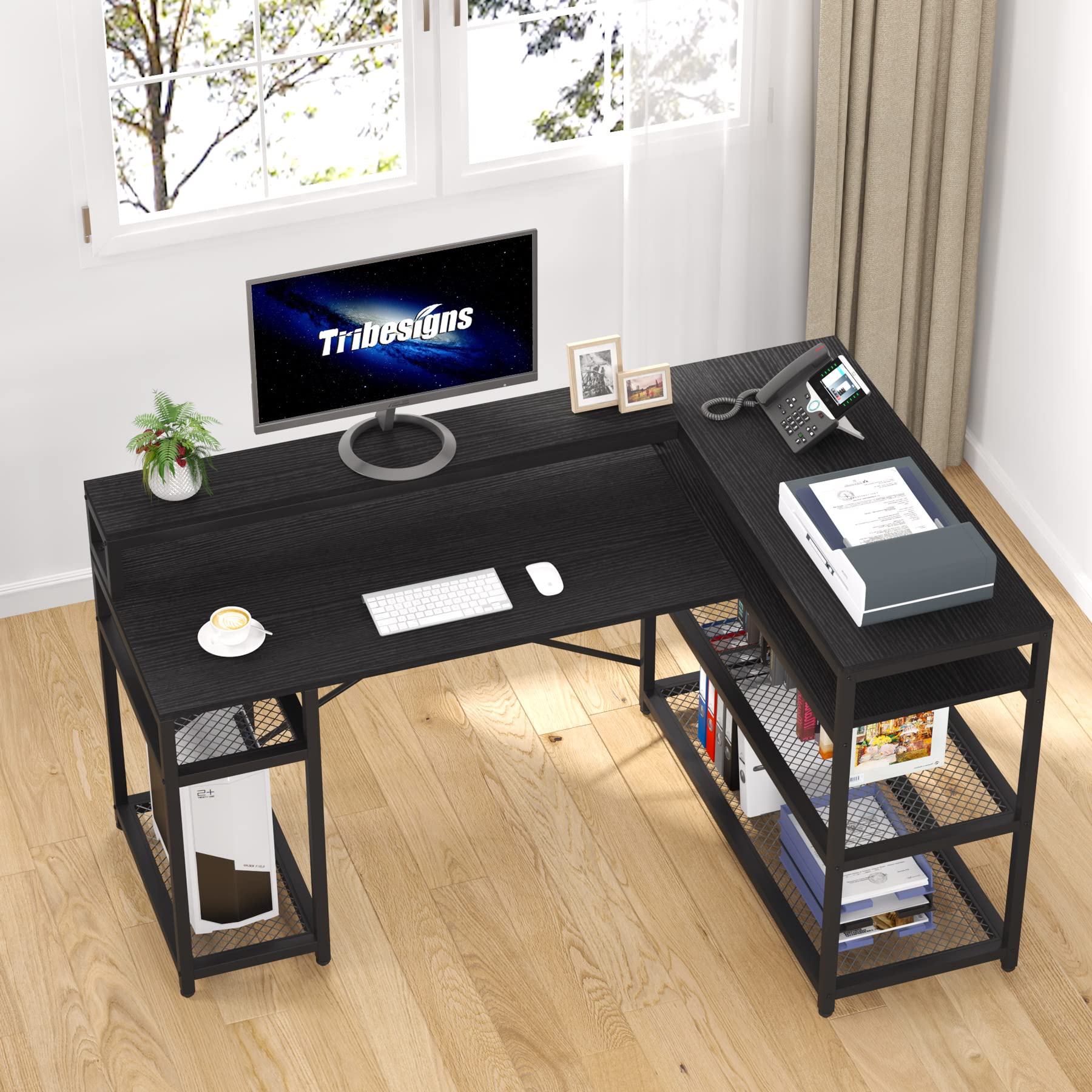 L Shaped Desk with Storage and Monitor Stand, Industrial Home Office Computer Desk