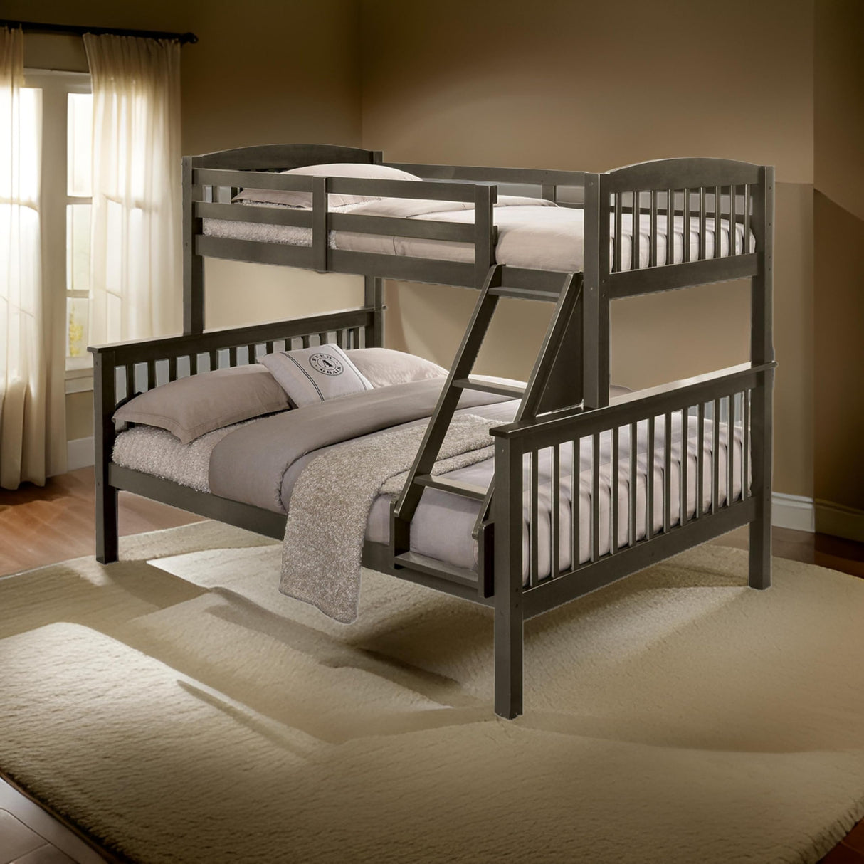 Benjara Bruke Twin/Full Size Bunk Bed with Ladder, Slatted Solid Hardwood, Taupe Gray