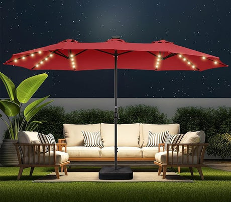 Double Sided Patio Umbrellas - 15ft Solar Lights LED Lighted Outdoor