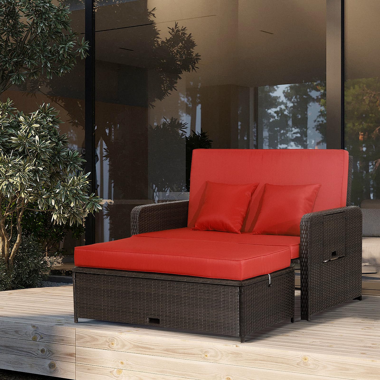 Moccha Outdoor Daybed, Wicker Loveseat Sofa Set with 4-Postion Adjustable Backrest, Storage Ottoman, Cushions, Rattan Double Bed Lounger, Patio Furniture Set (Red)