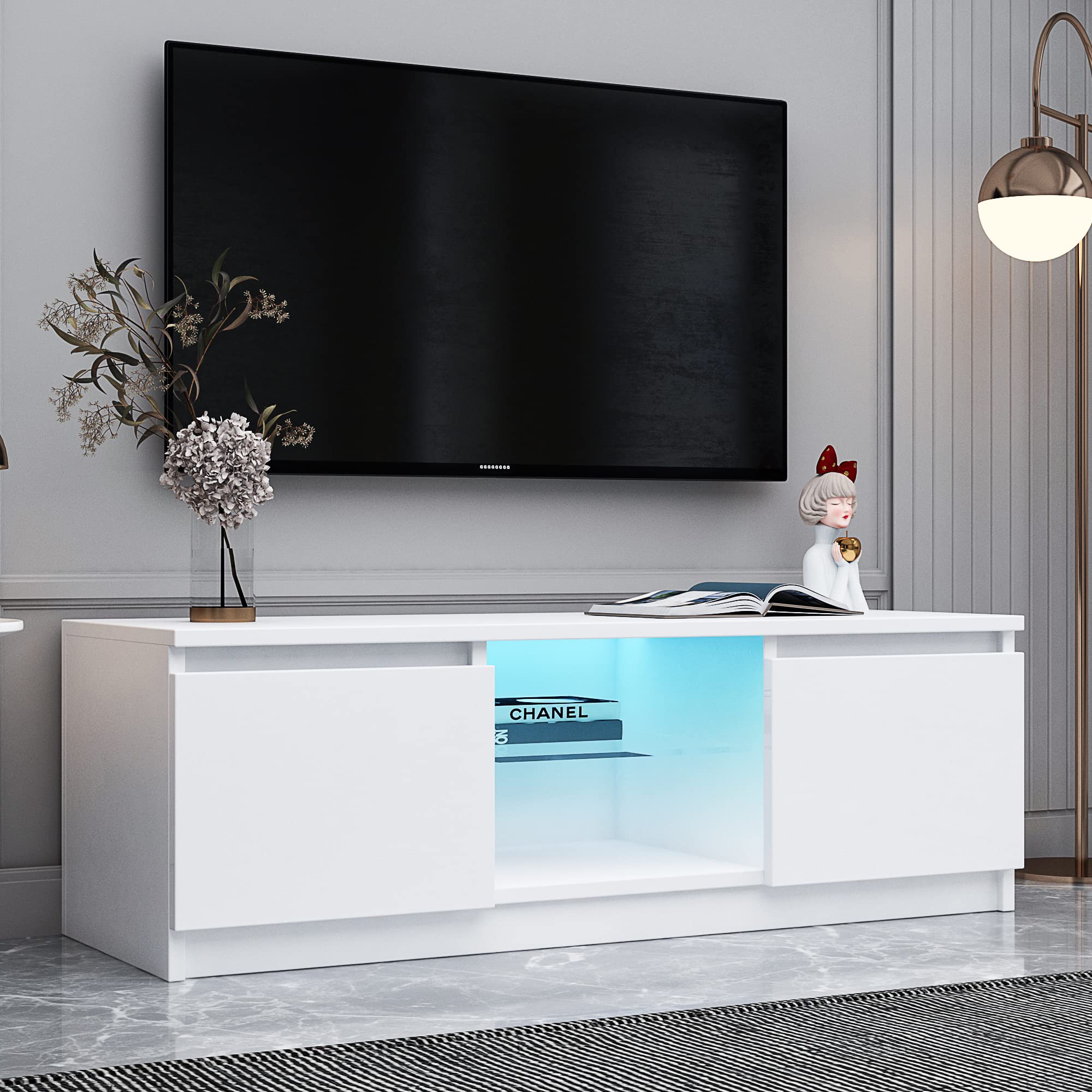 White TV Stand with LED Light for 55 Inch TV, Modern Entertainment Center Stand