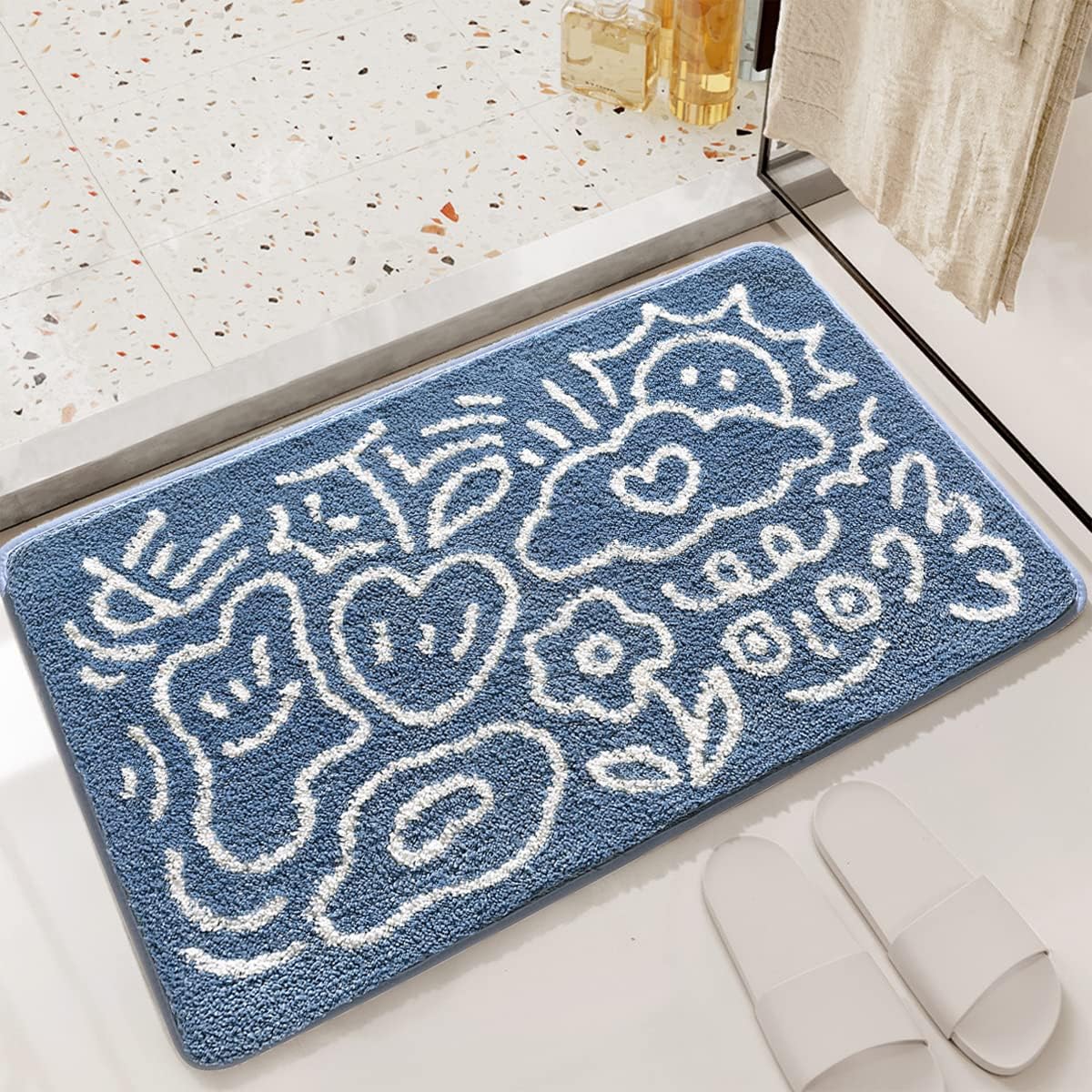 Soft Bathroom Rugs, Washable Bath Rugs Non Slip Bath Mats for Shower Shaggy Microfiber Floor Mat Super Absorbent Carpet Striped Pattern Bath Runner Rug, 15.7 x 23.6 Inches, Blue