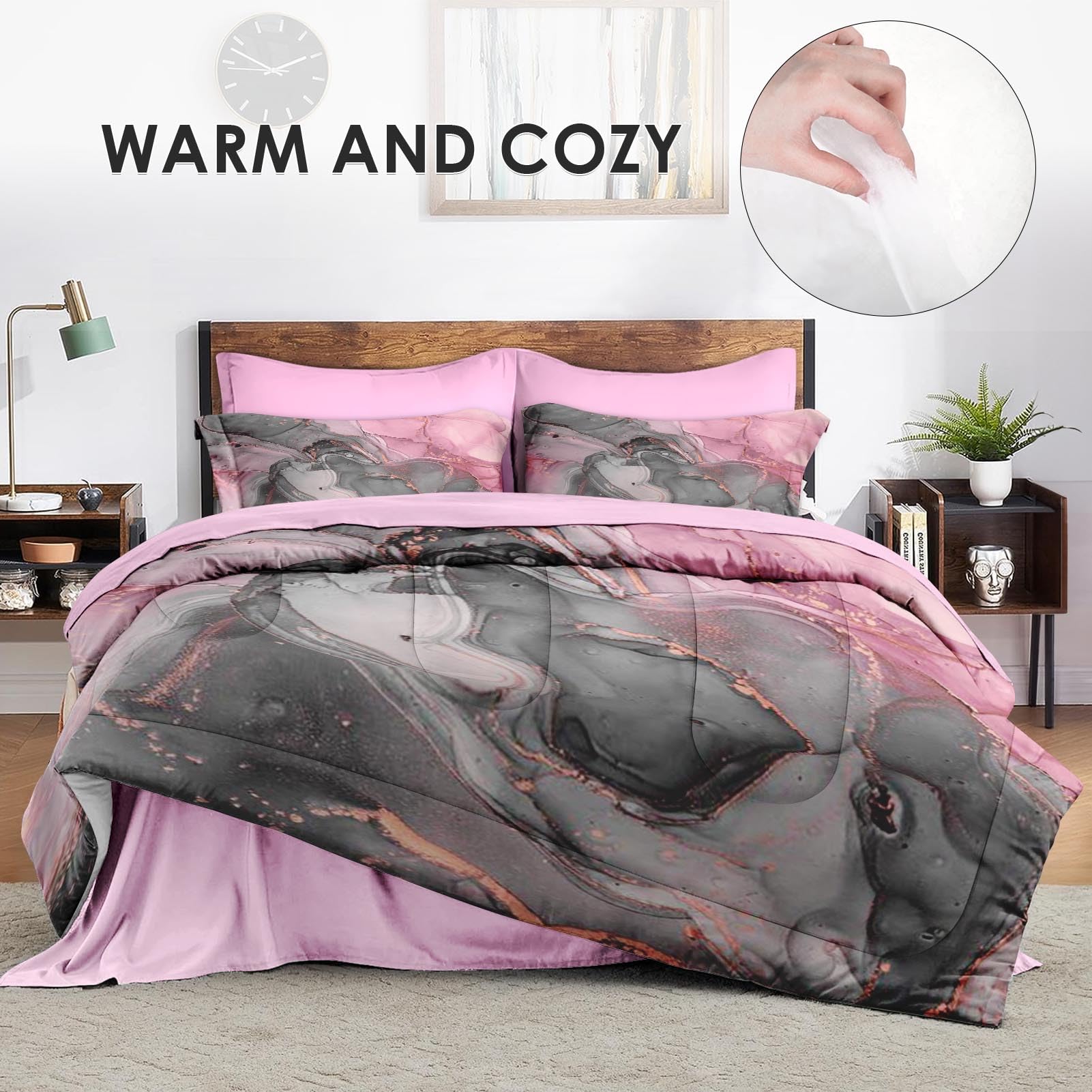 Gray Pink Marble Comforter Set Queen - 7 Piece Luxury Bedding