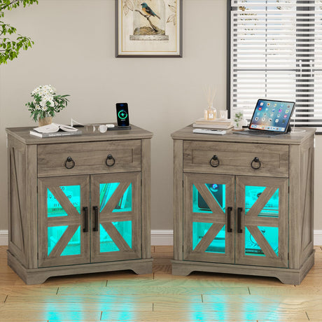 Farmhouse LED End Tables Living Room Set of 2,Sofa Side Table with Charging Station