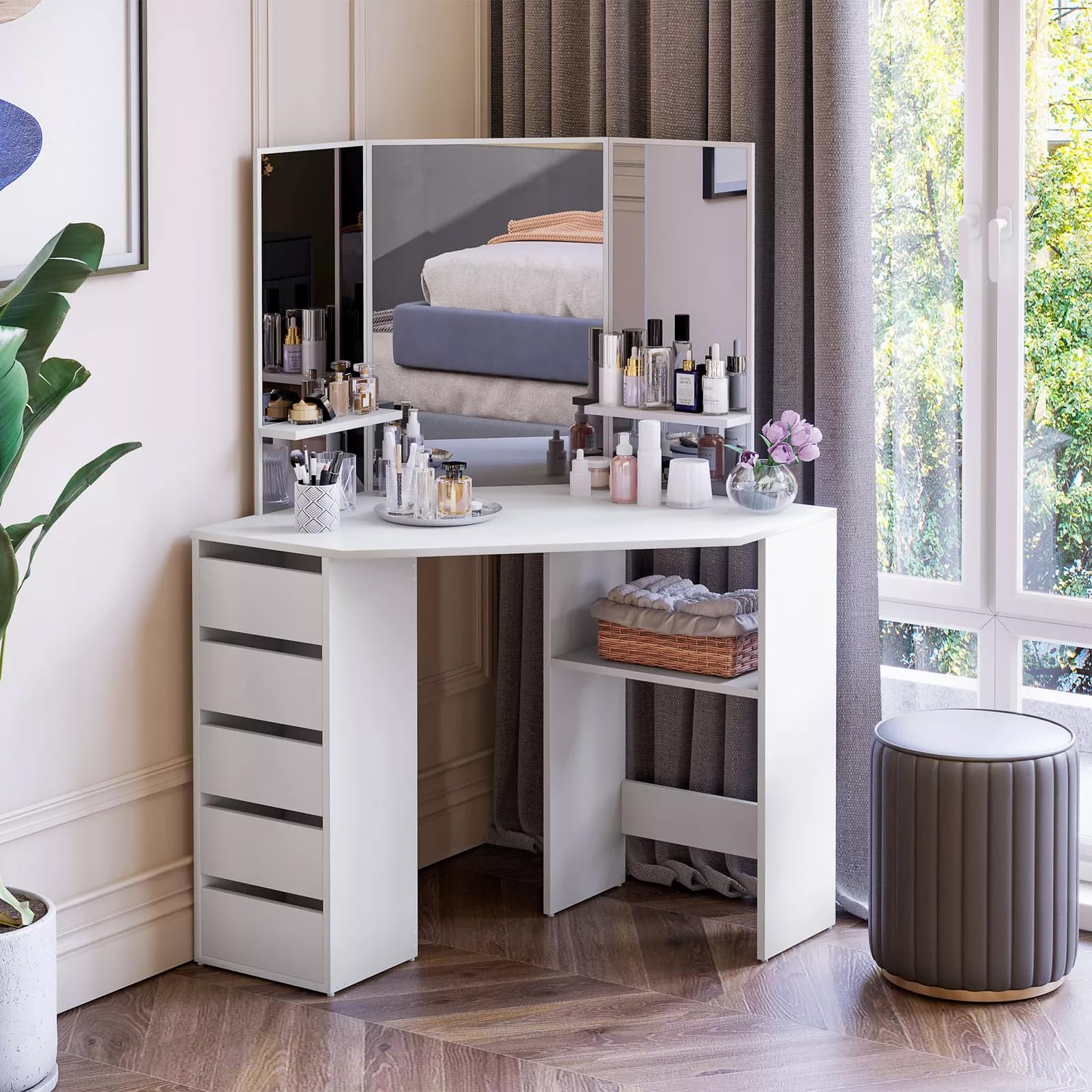 Desk with Mirror - White Makeup Table with 5 Sliding Drawers,Makeup Dressing Table