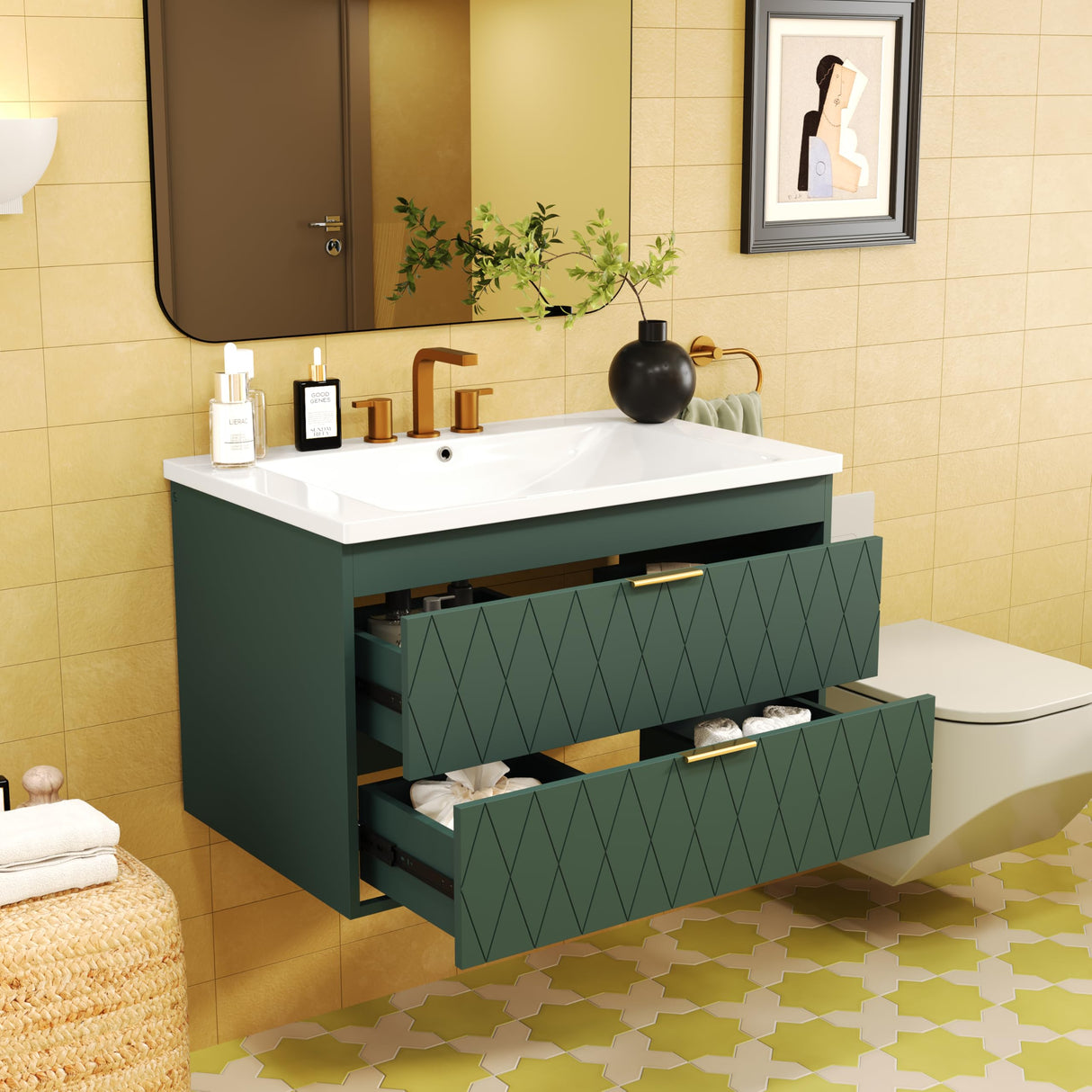 30 Inch Wall Mounted Bathroom Vanity with Sink Combo, Floating Bathroom Sink Cabinet