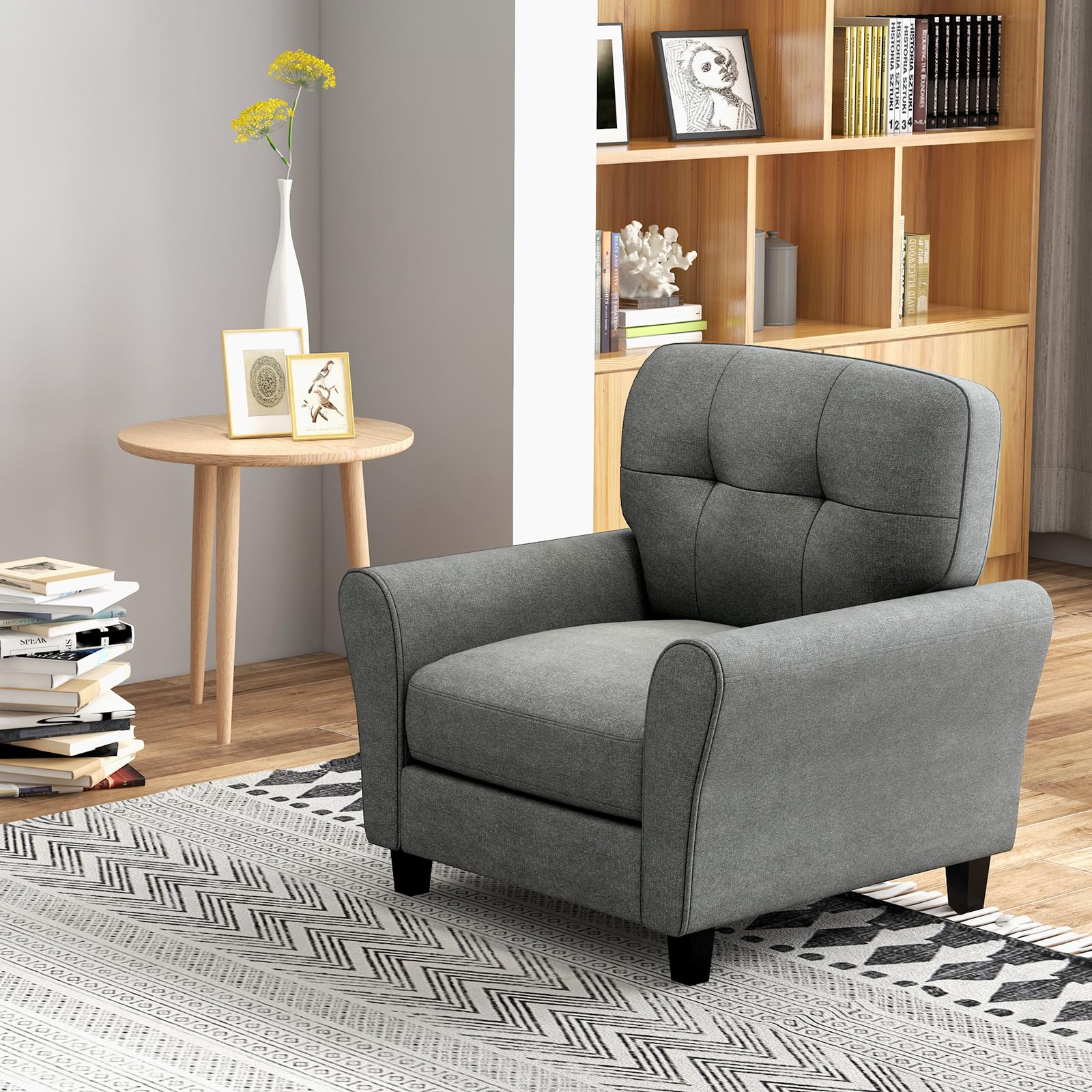 Modern Mid-Century Accent Chair - Linen Living Room Chair with Tufted Back