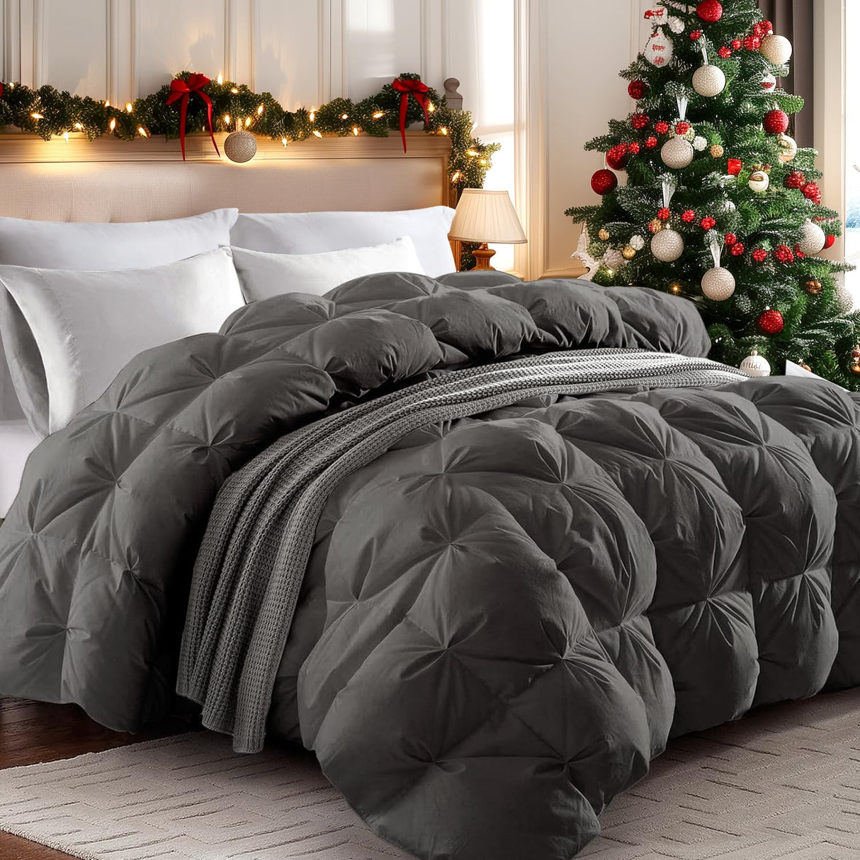 puredown Grey Goose Down Comforter Twin Size, 800 Fill Power, 100% Cotton 700 TC Fabric, Winter Duvet Insert, Pinch Pleat Heavyweight Comforter Cloud Fluffy Extra Warmth