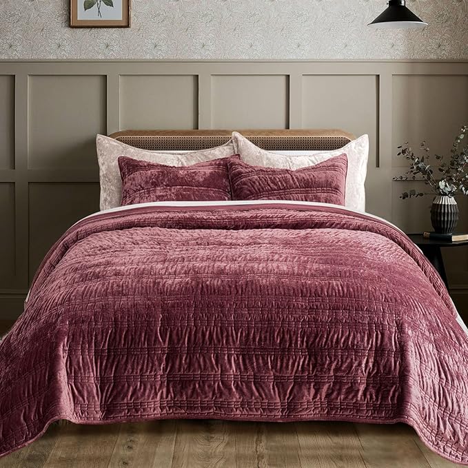 Luxury Ruched Velvet Quilt King Size, Ultra Soft Bedspread Coverlet Set