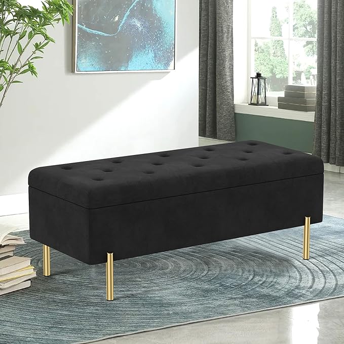 Velvet Storage Bench Bedroom End of Bed Upholstered Tufted Settee Bench for Living Room Entryway Rectangular Storage Ottoman Bench Ivory