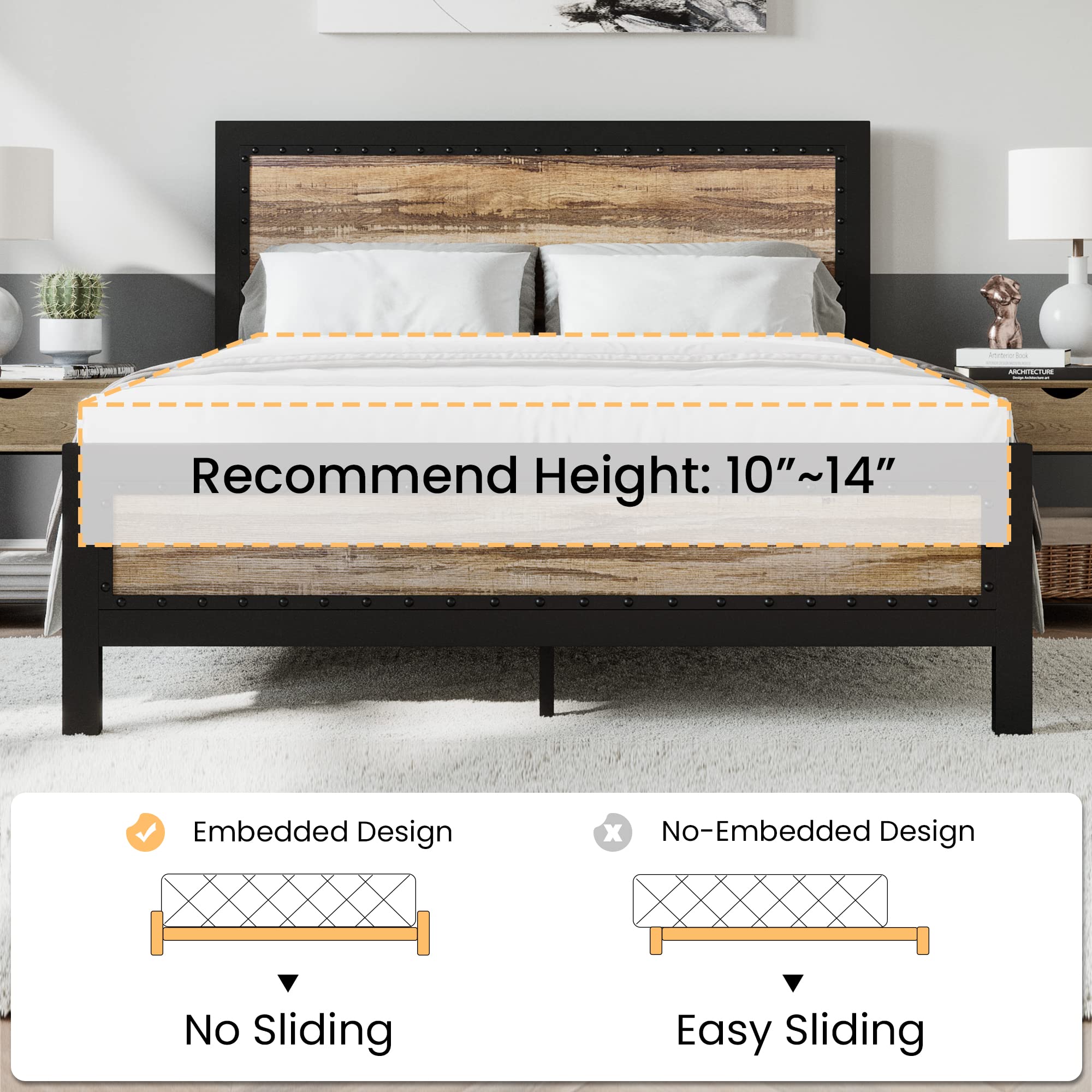 Heavy Duty Metal Bed Frame Queen Size, Platform Bed Frame with Wooden Headboard Footboard,