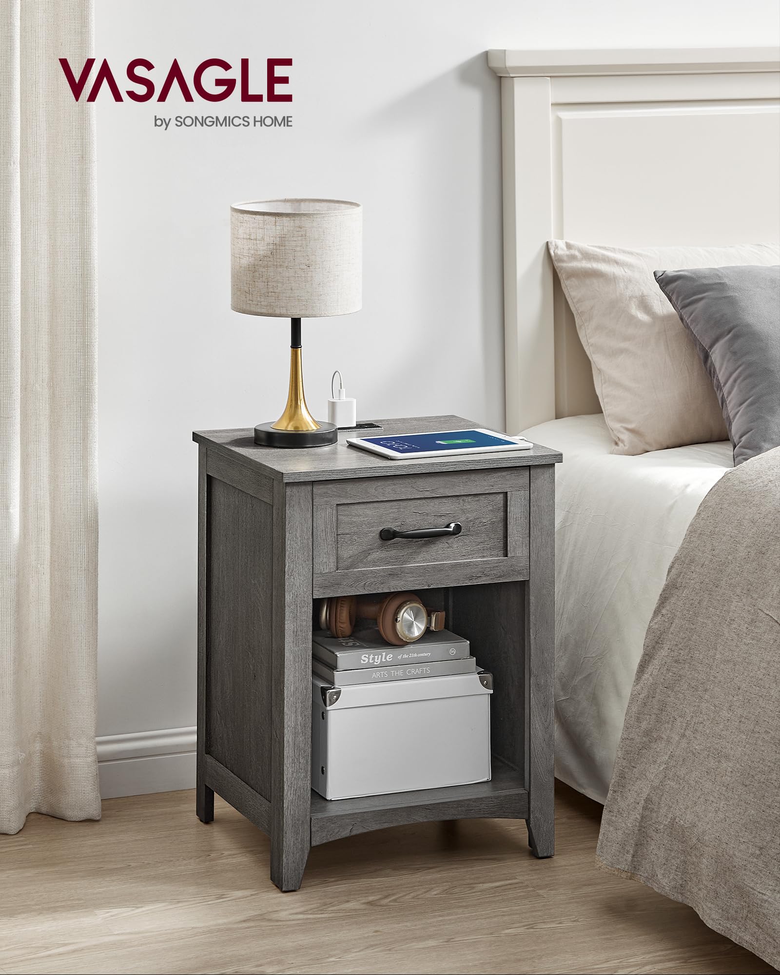 Farmhouse Nightstand with Charging Station, Bedside Table with Drawer