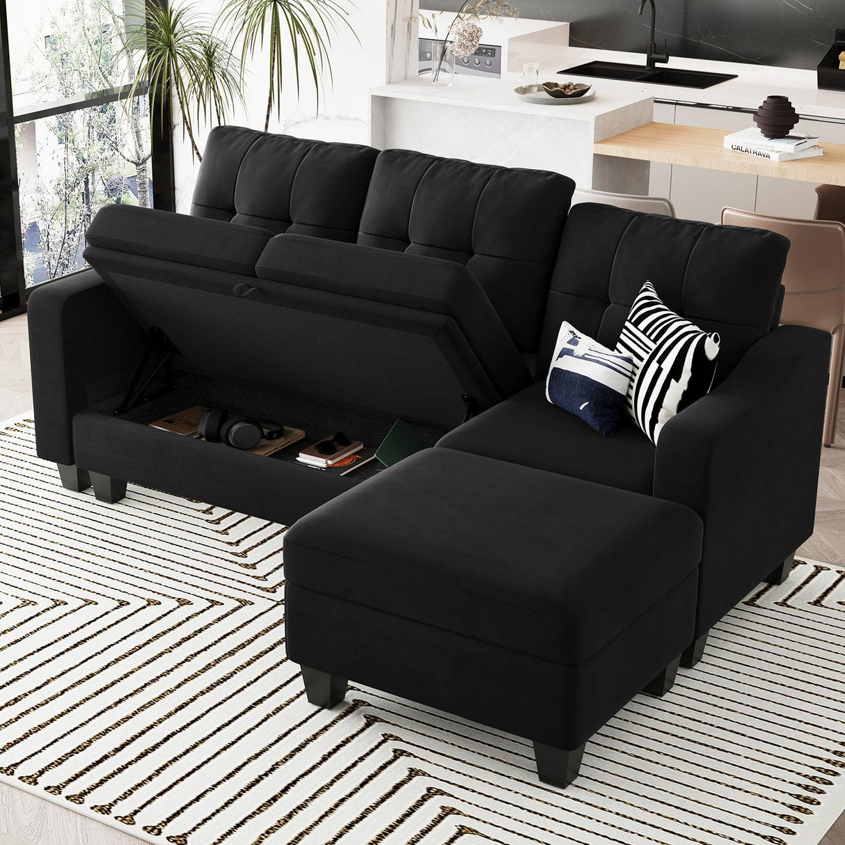 Velvet Sectional Couch with Storage, L Shaped Sofa with Chaise for Small Space, Black