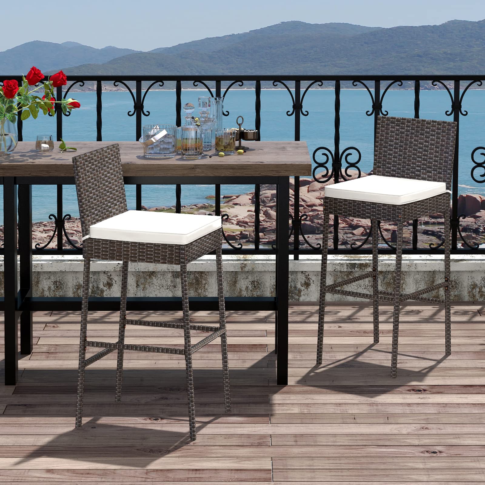 Outdoor Bar Stools Set of 2 - Wicker Rattan Patio Barstools Tall Chairs w/Back, Footrest