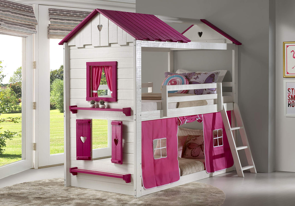 Sweet Heart Novelty Twin Over Twin Bunkbed in White & Pink Finish with Pink Tent