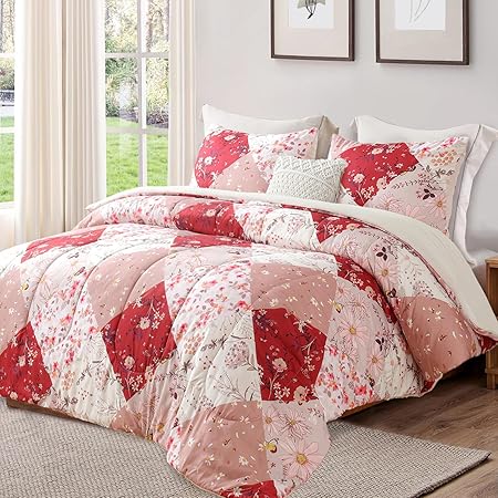 Queen Full Comforter Set, Soft Reversible Pink Bedding Comforter Set