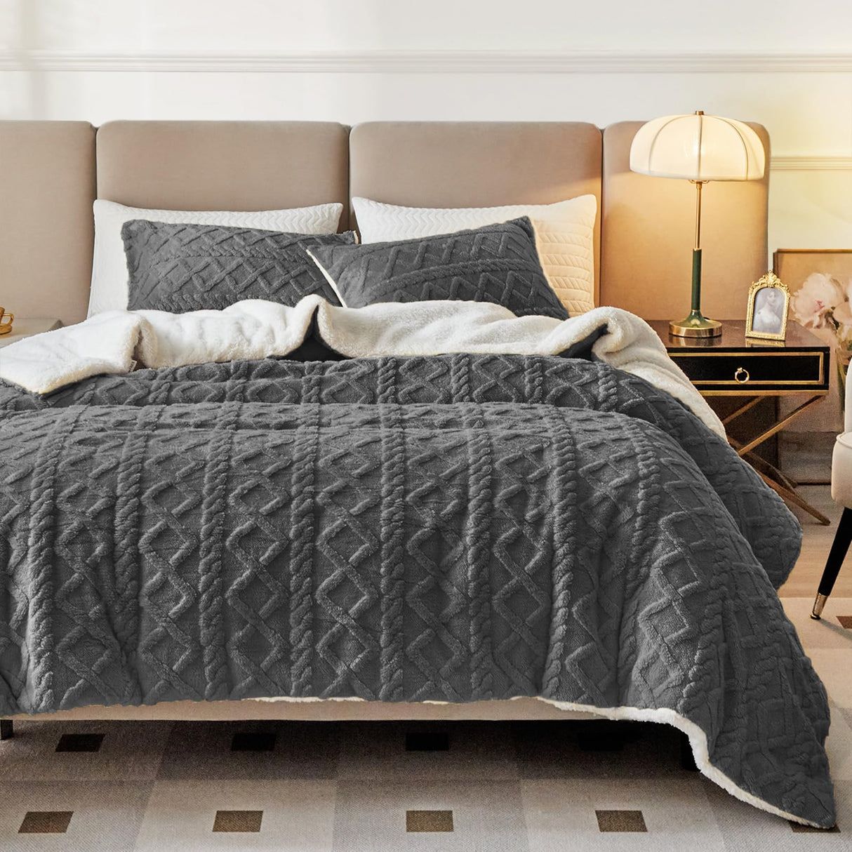 3-Piece Fluffy Faux Fur Sherpa Comforter Set Gray