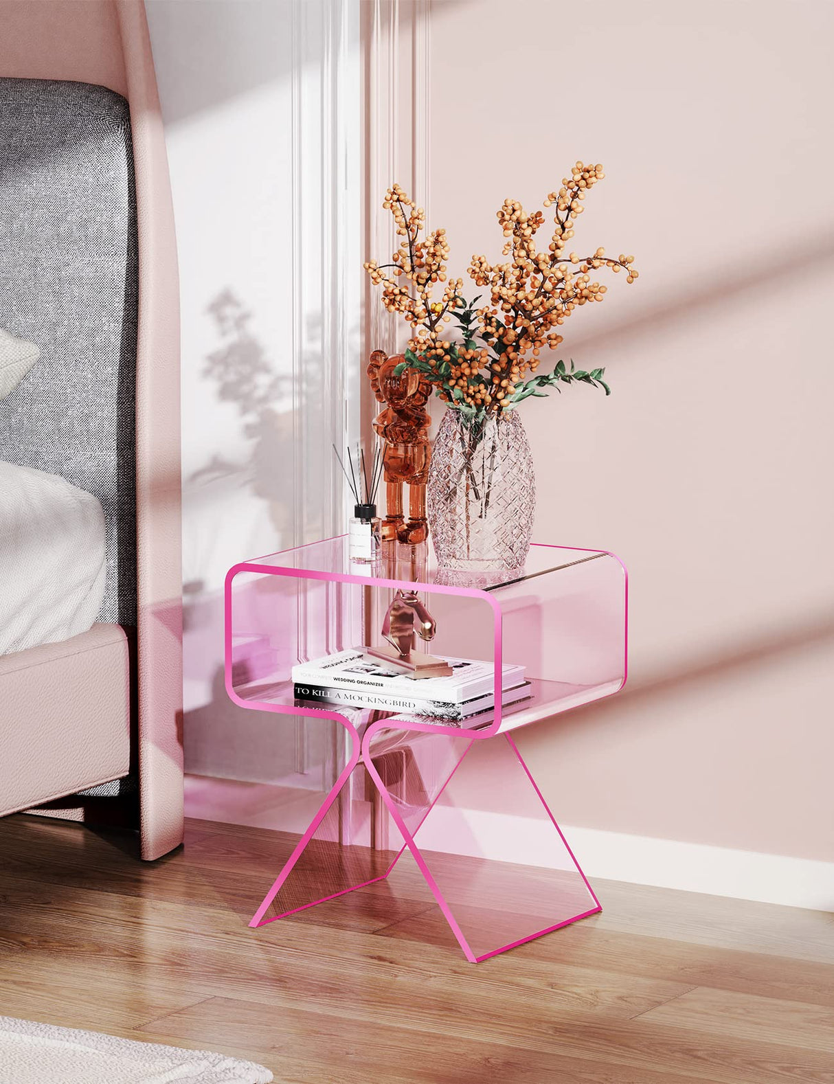 Nightstand Side Table Modern Design Clear Home Decor Display End Table for Living Room (Pink)