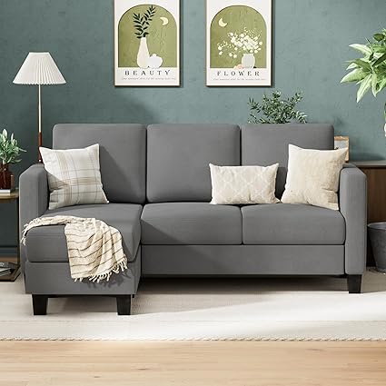 Sectional Sofa Couch 3 seat L-Shaped Sectional Sofa with Linen Fabric Ottoman Small