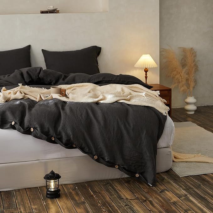 100% Linen Duvet Cover Set, 3 Pieces Belgian Flax Breathable Bedding, 1 Comforter