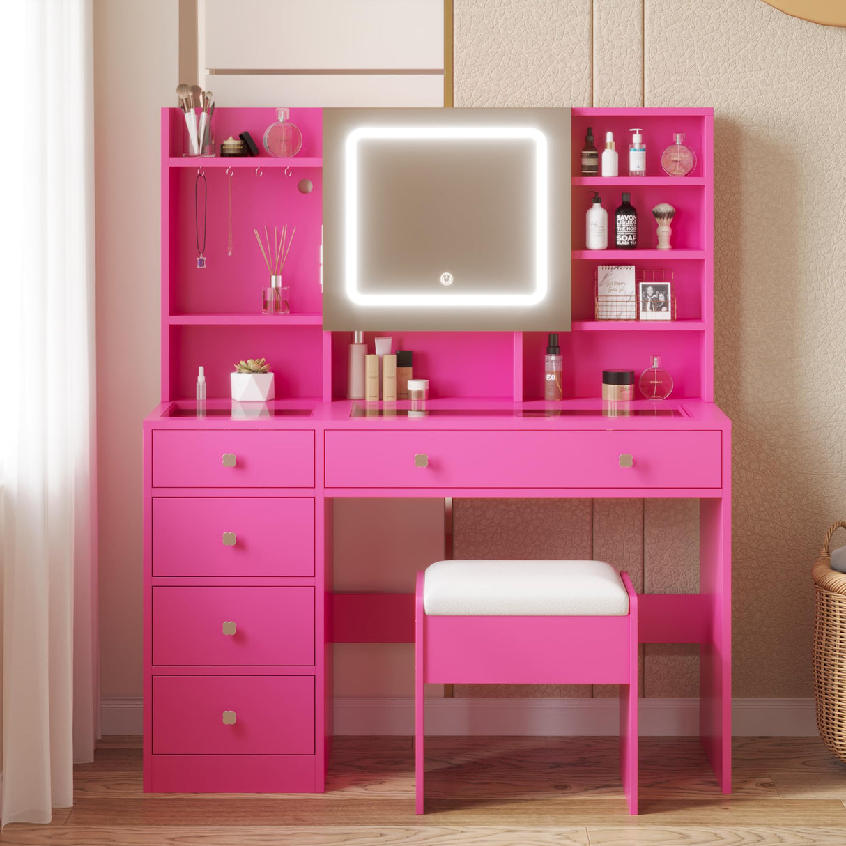 Vanity with Lighted Mirror Bedroom Vanity Desk with Charging Station Large Vanity Set with Transparent Desk, Drawers, Cabinet, Shelves for Storage in Bedroom, Pink